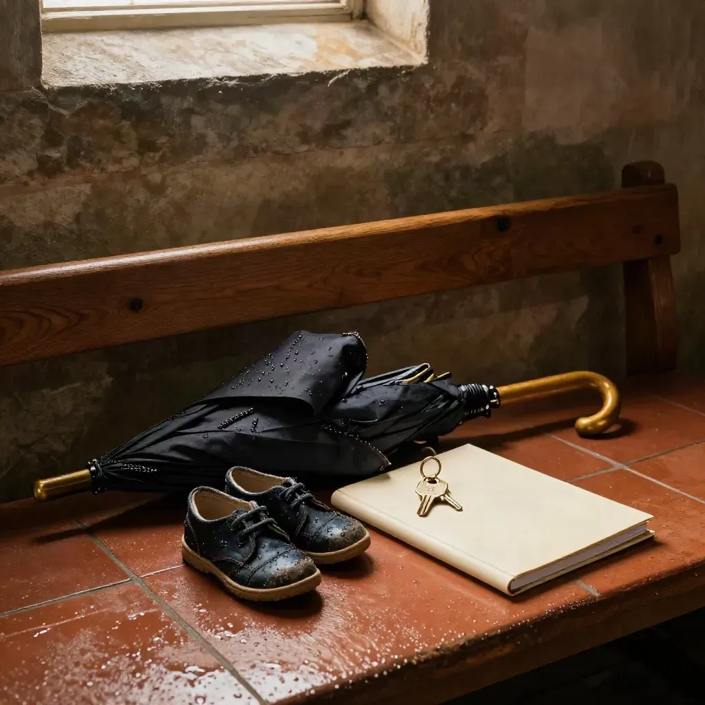 Moody entry bench with umbrella, child shoe, key and closed policy folder after rain.