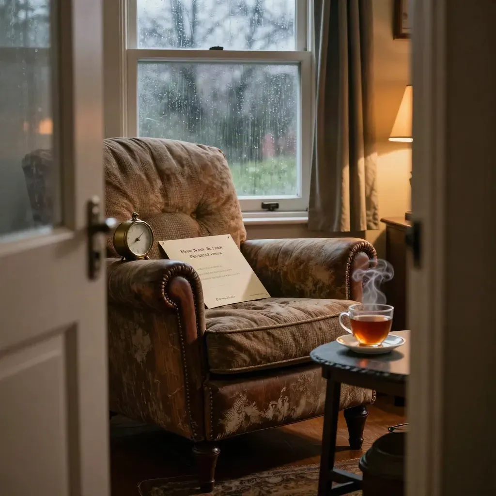 Rainy-window armchair with tea, clock, and sealed pension envelope
