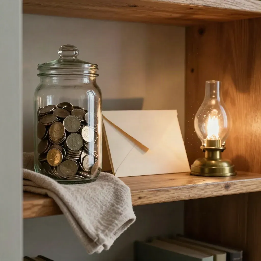 Jar of reserve coins, cream envelopes, wool cloth, and a small lamp on a pantry shelf.