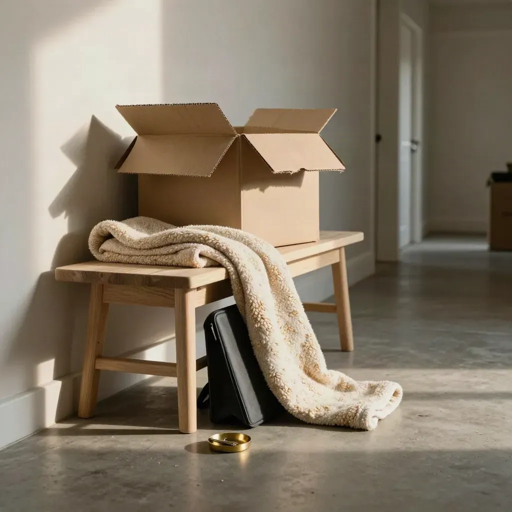 Hallway bench with moving box, baby blanket, laptop bag, and key dish in warm late light.