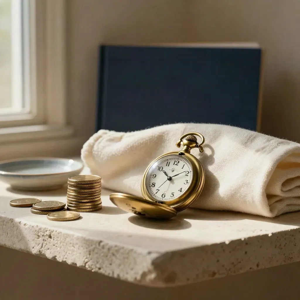 Brass pocket watch with coins, folded cloth and ceramic dish on a stone shelf
