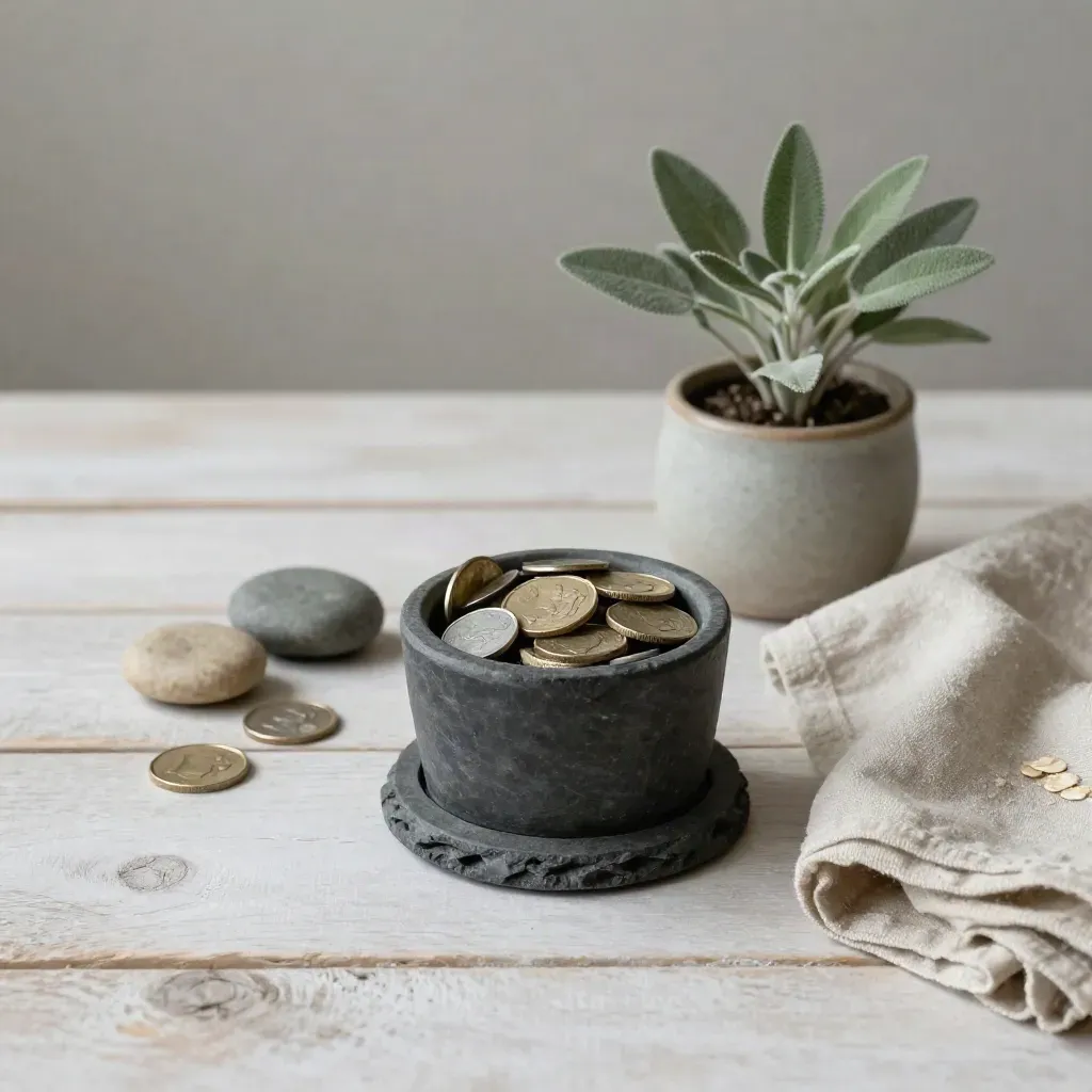 Slate coin sorter cup with coins, stones, plant and linen on pale wood.