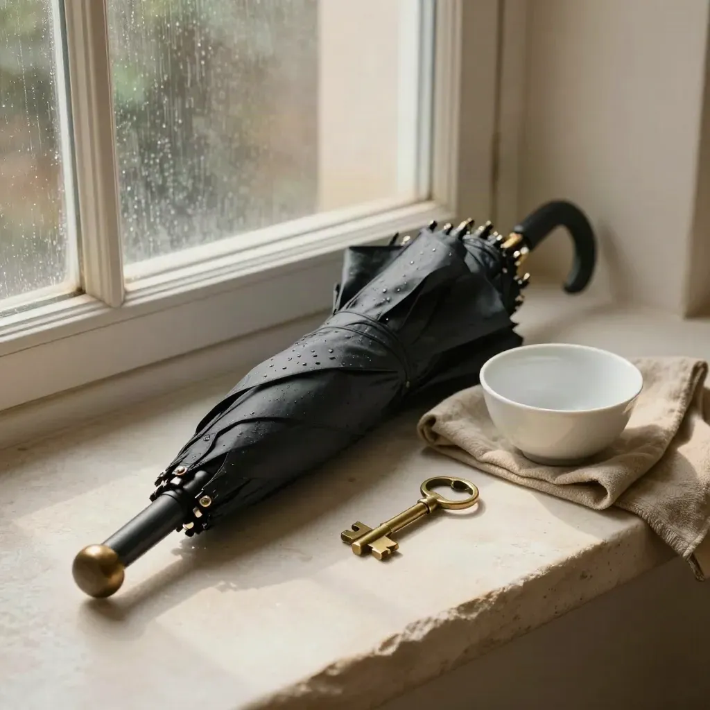 Folded umbrella, brass key, ceramic bowl and wool cloth on a pale plaster sweep in rainy window light.